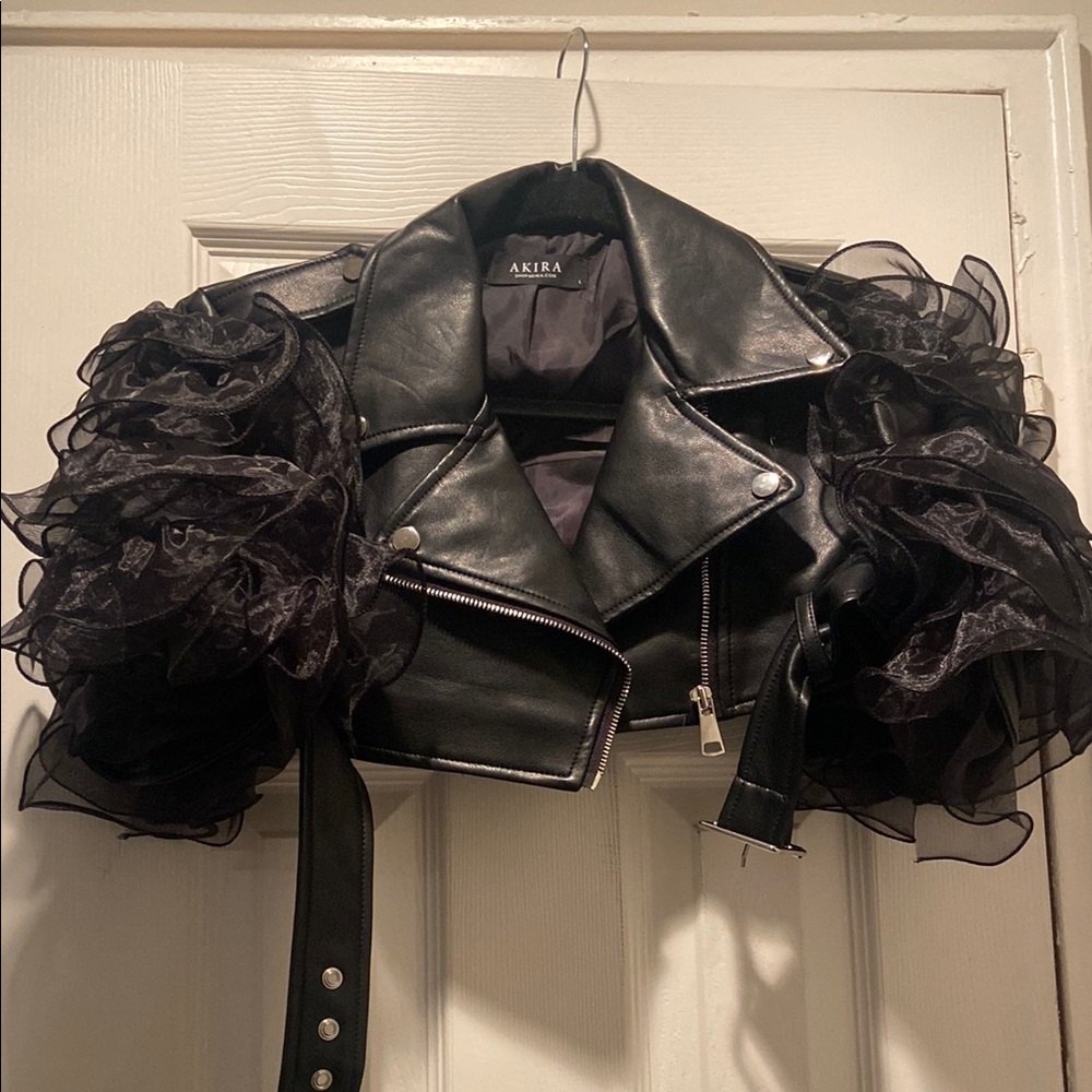 Akira Black Leather Jacket with Ruffled Sleeves